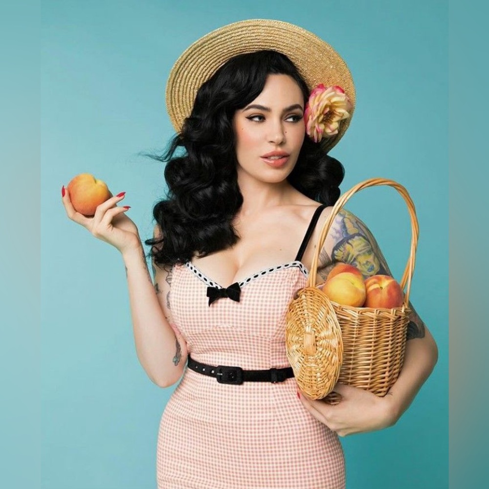 Like New Micheline Pitt x Unique Vintage Peach Gingham Lilly Wiggle Dress Large